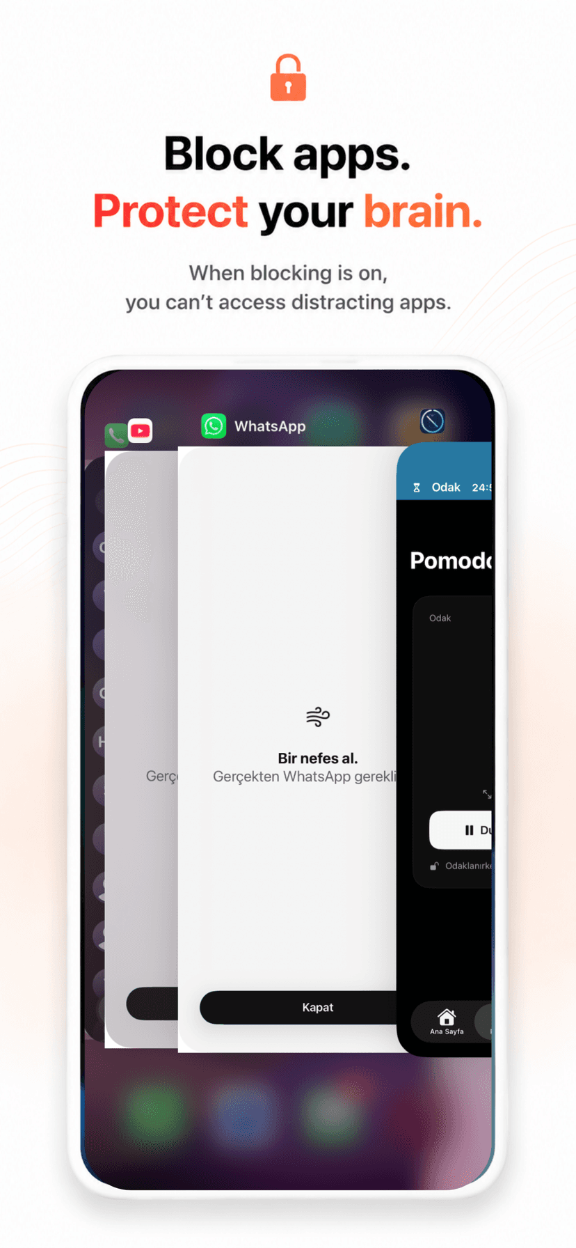Block apps — the Take a breath shield Unfeed app blocker shield covering WhatsApp on iPhone — “Take a breath” block screen