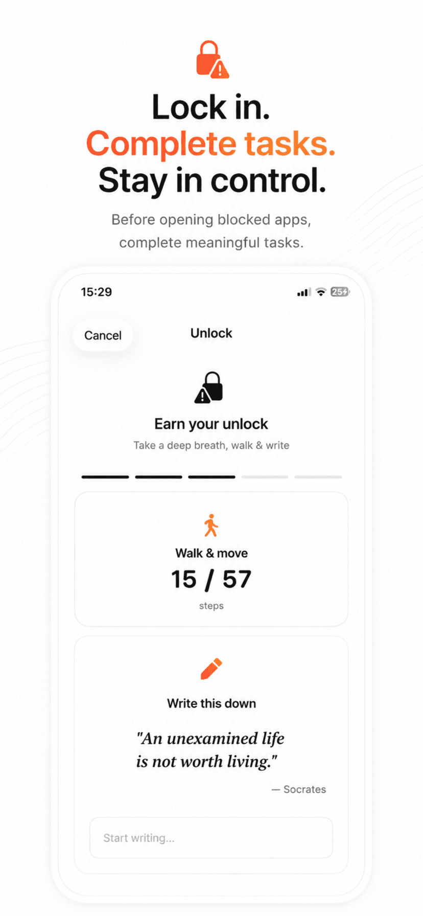 Earn your unlock — walk & write Earn your unlock in Unfeed — walk 57 steps and write a quote before unblocking apps