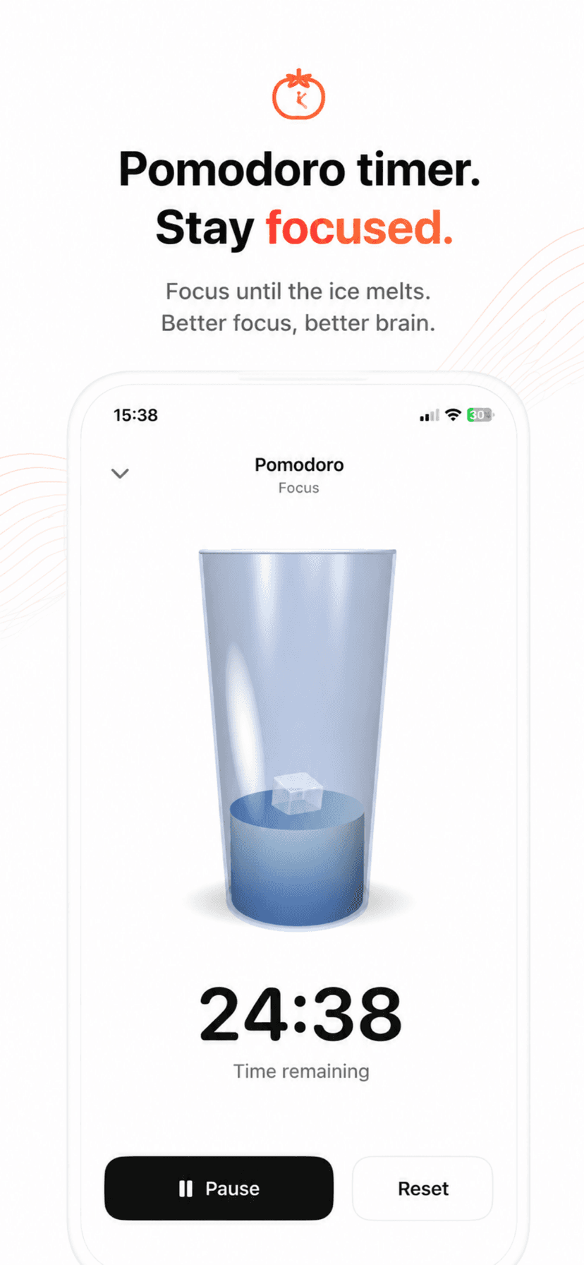 Pomodoro timer — stay focused Pomodoro focus timer in the Unfeed focus app — focus until the ice cube melts